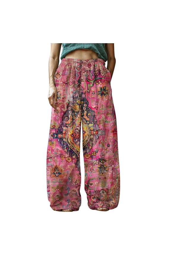 Women's Pants Cotton Linen Wide Legg Baggy Elastic Waist Bohemian Leaf Printed Casual Trouser with Pocket Multicolor L