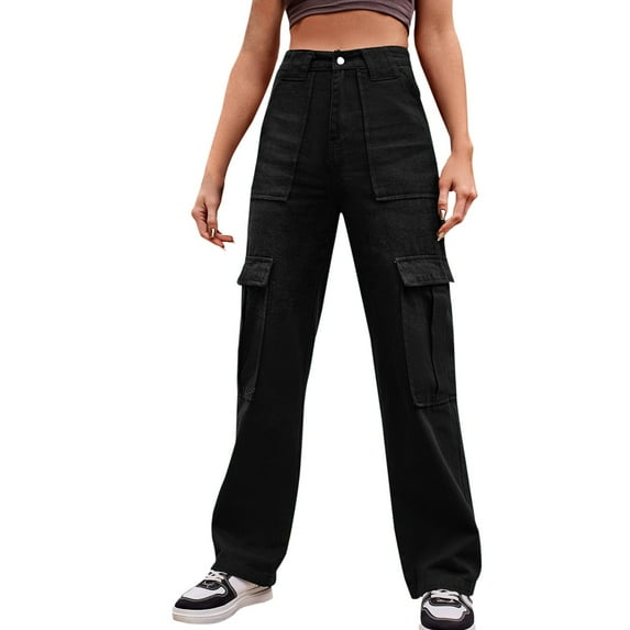 Women's Pants Cwork High Waisted Cargo Wide Leg Denim Multi Pocket Cargo Jeans Trousers