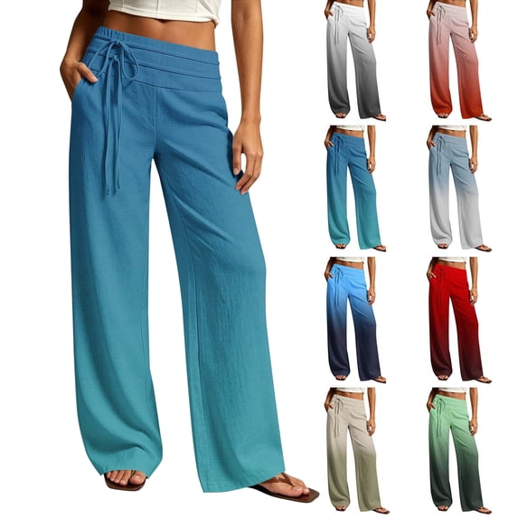 Women's Pants Dqueduo Women's Fashion Printed Elastic Waist Casual Pocket Straight-Leg Pants – Cotton Blend Trousers Blue L