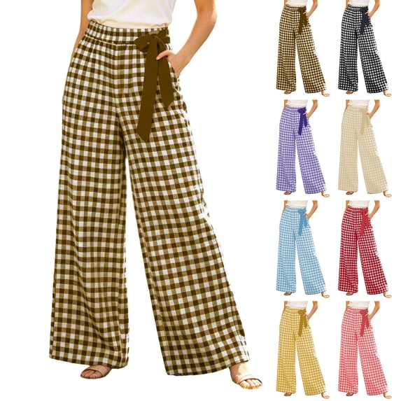 Women's Pants Dqueduo Women's High-Waisted Plaid Wide-Leg Pants – Casual Elastic Waist Trousers with Pockets Brown XXL
