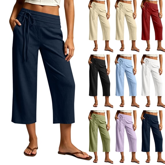 Women's Pants Dqueduo Women's Solid Color Elastic Waist Casual Pocket Straight-Leg Cropped Pants – Cotton-Linen Blend Navy XXL