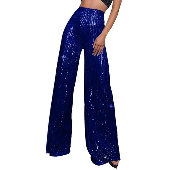 Women's Pants Elastic Waist Fashion Sequined Sparkling High Waisted Wide Leg Flared Nightclub Wear Trousers Dressy Casual Blue 3XL