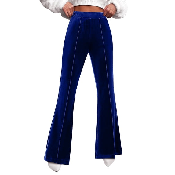 Women's Pants Elastic Waist Flare Velvet High Waisted Wide Leg Pull On Front Seam Slacks Trousers Dressy Casual Blue L