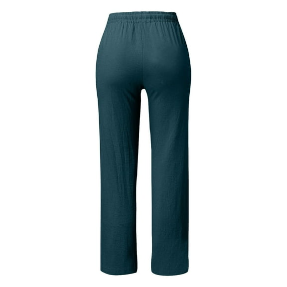 Women's Pants Elastic Waist High Waisted Wide Leg Solid Color Drawstring Straight Leg Long With Pockets Trousers Dressy Casual Dark Green M