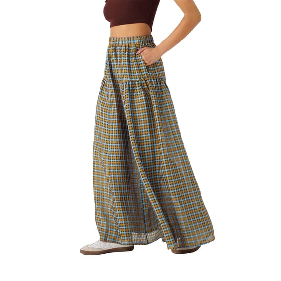 Women's Pants Elastic Waist Plaid Gingham Wide Leg Long Palazzo Flowy Pants