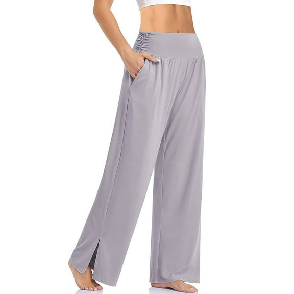 Women's Pants Elastic Waist Wide Leg Yoga High Waisted Side Slit Joggers Loose Sweatpants With Pockets Casual Trousers Trendy Dressy Grey S