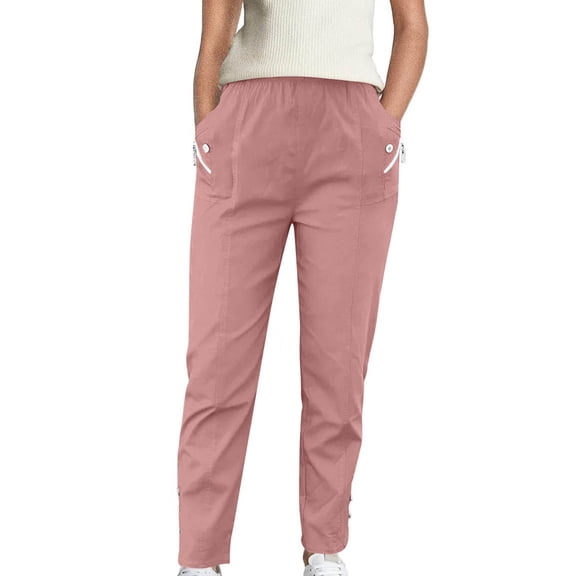 Women's Pants Elastic Waisted Solid Color Straight Leg Loose Comfy Trousers with Pocket Pink S