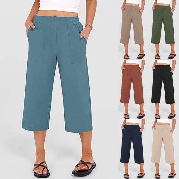 Women's Pants Elegant High Witless Solid Color High Waist Pocket Capris for Casual Pants