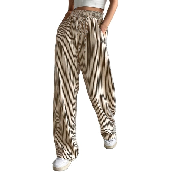 Women's Pants Fashion Casual Pants For Women Casual Striped Wide Leg Drawstring Elastic Waist Dress Palazzo With Pockets
