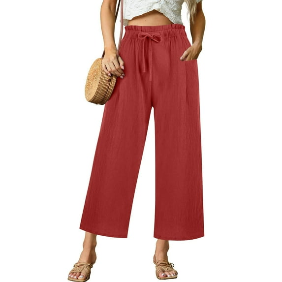 Women's Pants Fashion Casual Pants For Women Linen Wide Leg Casual Loose High Waist Beach Haren Pockets
