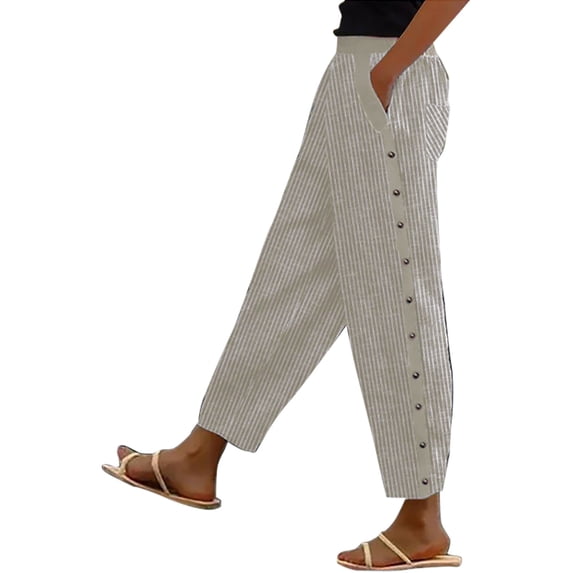 Women's Pants Fashion Casual Pants For Women Solid Color Striped Buttoned Cropped Trousers