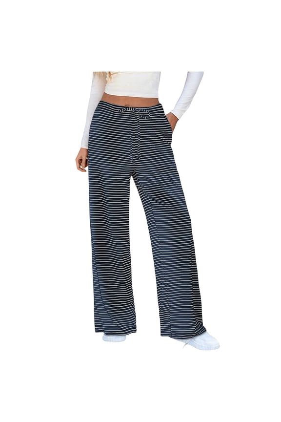 Women's Pants Fashion Casual Pants For Women Striped Wide Leg Drawstring Elastic Waist Knit Baggy Sweat With Pockets