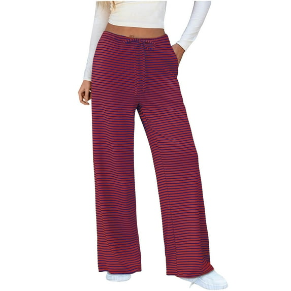 Women's Pants Fashion Casual Pants For Women Striped Wide Leg Drawstring Elastic Waist Knit Baggy Sweat With Pockets