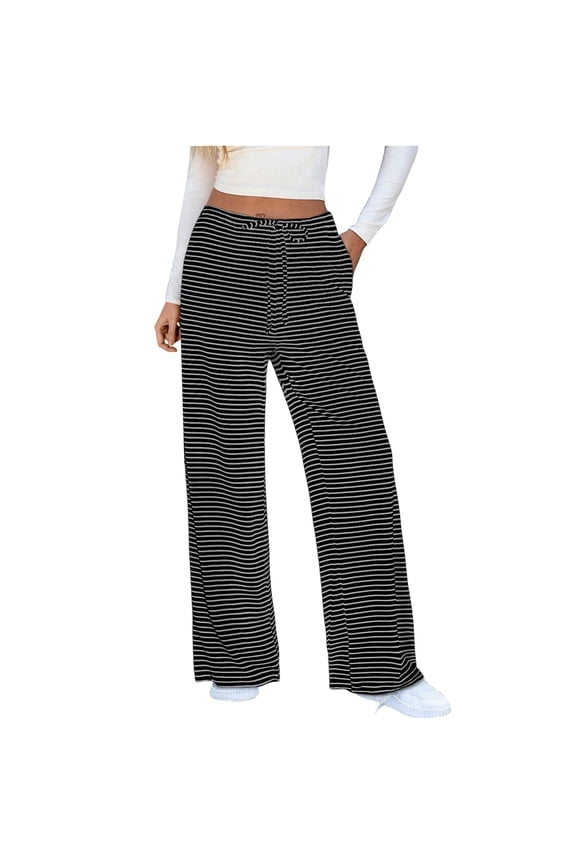 Women's Pants Fashion Casual Pants For Women Striped Wide Leg Drawstring Elastic Waist Knit Baggy Sweat With Pockets