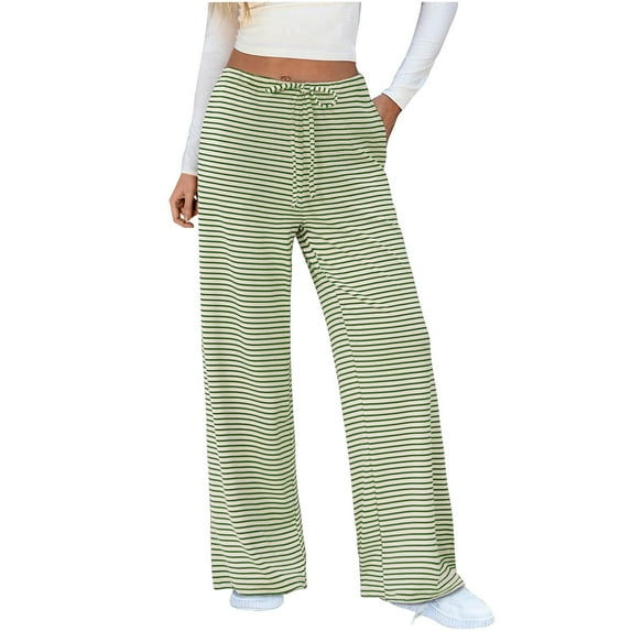 Women's Pants Fashion Casual Pants For Women Striped Wide Leg Drawstring Elastic Waist Knit Baggy Sweat With Pockets