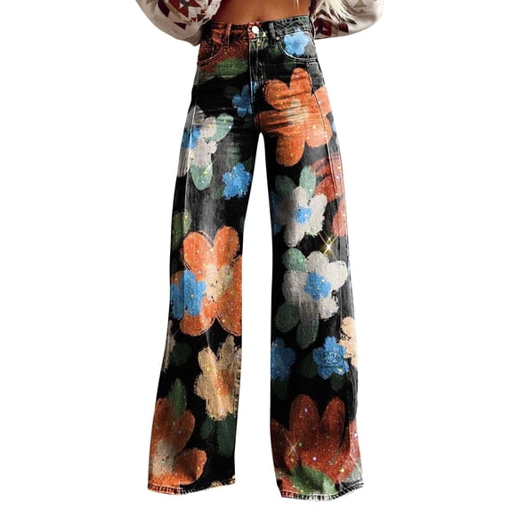 Women's Pants Fashion Casual Pants For Women Wide Leg High Waisted Flower Patterned Lightweight And Loose Casual Colorful Heavyweight