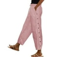 thumbnail image 1 of Women's Pants Fashion Casual Pants For Women Cotton And Linen Striped Elastic Waistband High Waistband Pocket Side Buttons Nine Point Loose Casual Straight Leg, 1 of 5