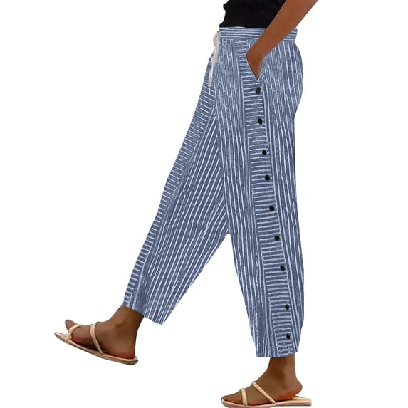 Women's Pants Fashion Casual Pants For Women Cotton And Linen Striped Elastic Waistband High Waistband Pocket Side Buttons Nine Point Loose Casual Straight Leg