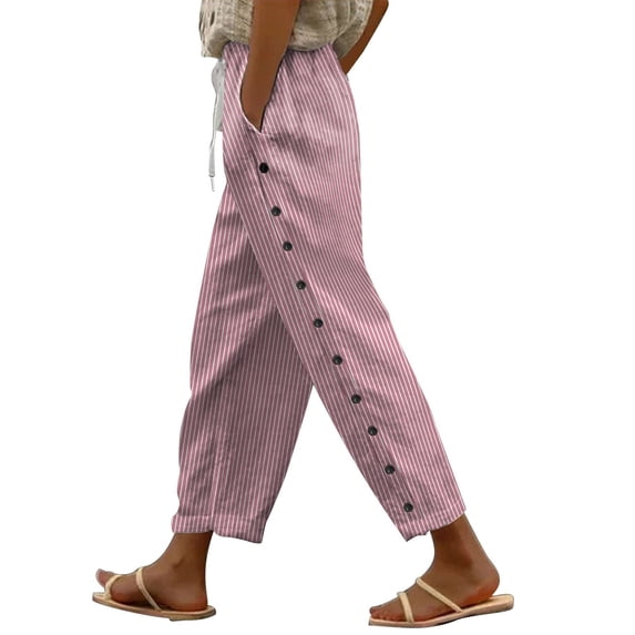 Women's Pants Fashion Casual Pants For Women Cotton And Linen Striped Elastic Waistband High Waistband Pocket Side Nine Point Loose Casual H Shaped Straight Leg