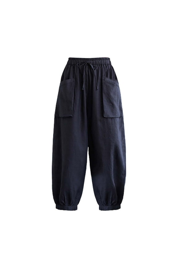 Women's Pants Fashion Plus Size Pants Cotton And Linen Casual Loose Nine Point Bloomers Summer Style Literary And Artistic All Elastic Waist