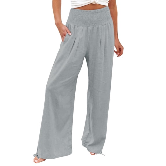 Women's Pants Fashion Plus Size Pants High Waist Wide Leg Prints For Smocked Elastic Waist Loose Comfy Split Casual Pockets