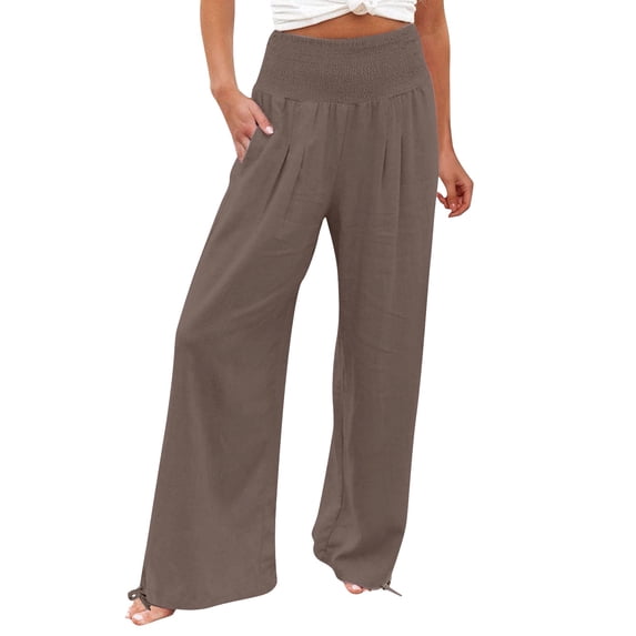 Women's Pants Fashion Plus Size Pants High Waist Wide Leg Prints For Smocked Elastic Waist Loose Comfy Split Casual Pockets