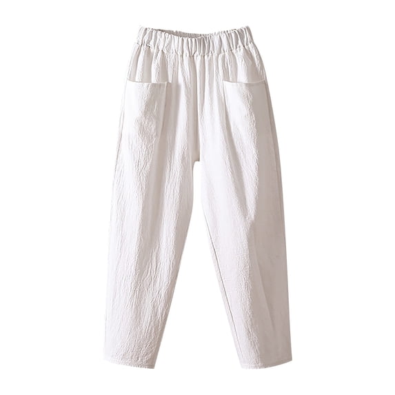 Women's Pants Fashion Plus Size Pants Solid Color Cotton Flax Elastic Long Beach Leisure Trousers