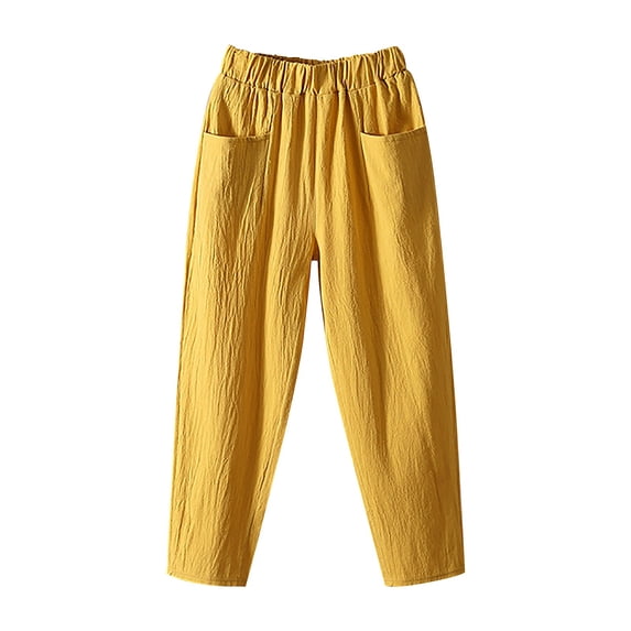 Women's Pants Fashion Plus Size Pants Solid Color Cotton Flax Elastic Long Beach Leisure Trousers