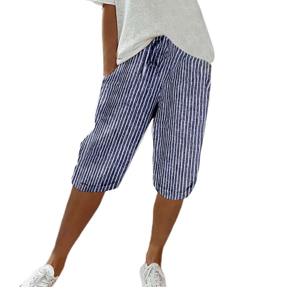 Women's Pants Fashion Shorts For Women Elastic Waist Striped Casual Short Loose Cotton And Linen Shorts