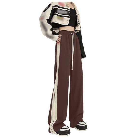 Women's Pants Fashion Side Striped Pants Brown Sweatpants Straight Leg Sports Brown Trousers Pants for Women L
