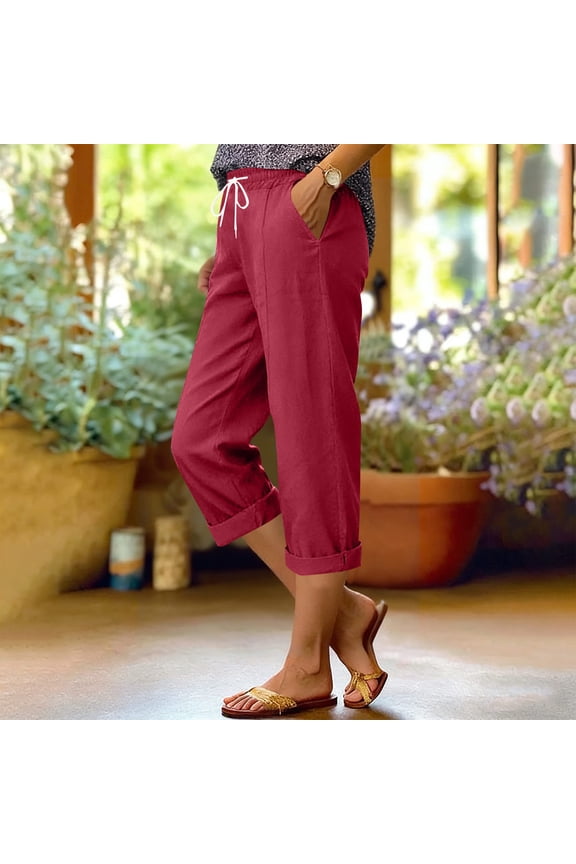 Women's Pants, Fashion Solid Color Elastic Waist Casual Pocket Straight Leg Pants for Women, Summer Polyester Spandex Trousers with Drawstring, Capri Length Pants for Casual Wear
