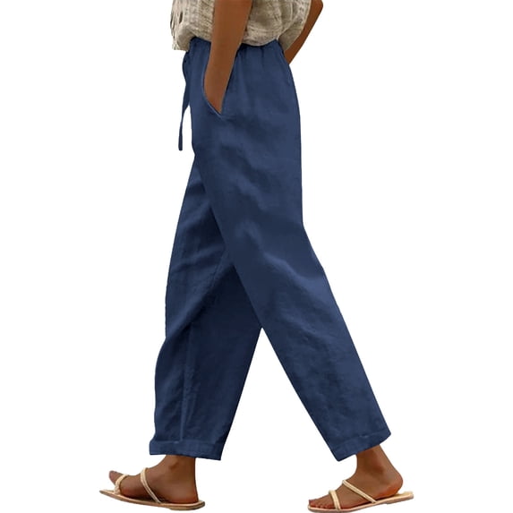 Women's Pants Fashion Solid Straight Solid Elastic Long Linen Waist Cotton Casual Slit Trouser Legs Casual Pants For Women