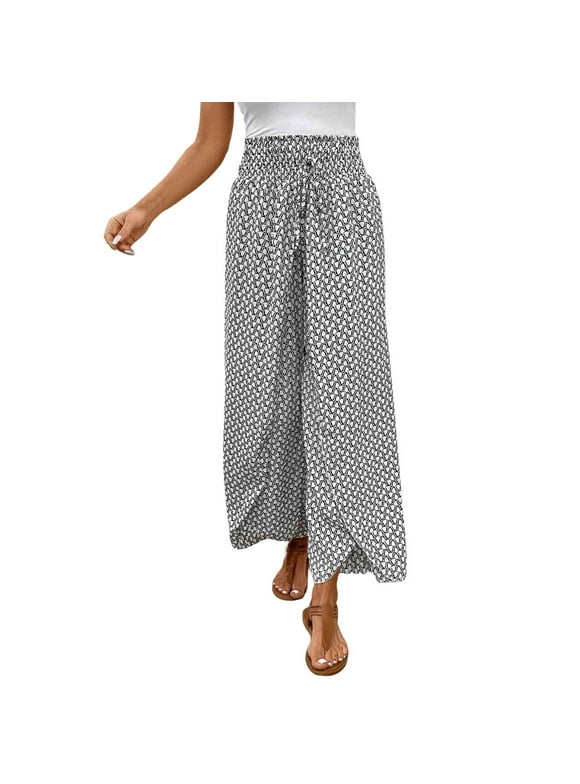 Women's Pants Floral Side Slit Wide Leg Culottes Lightweight Breathable White Trousers Pants for Women M