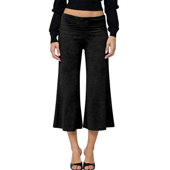 Women's Pants Fold Over Waist Comfy Cropped Yoga Wide Leg Summer Pants for Women Black L