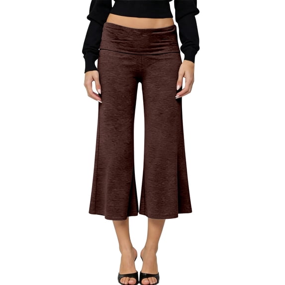 Women's Pants Fold Over Waist Comfy Cropped Yoga Wide Leg Summer Pants for Women Brown L