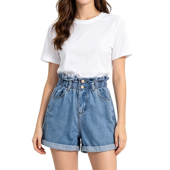 Women's Pants Gsakboxl Women Plus Size Paper Bag Waist Denim Shorts Button Roll Up Hem Loose A-Line Wide Leg Slim Fit Casual Hot Pants Light Blue S