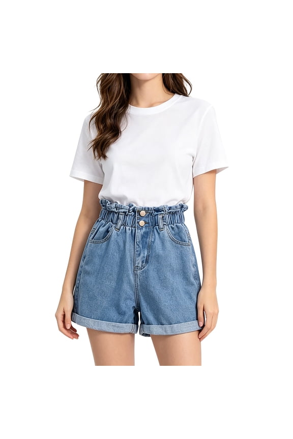 Women's Pants Gsakboxl Women Plus Size Paper Bag Waist Denim Shorts Button Roll Up Hem Loose A-Line Wide Leg Slim Fit Casual Hot Pants Light Blue S