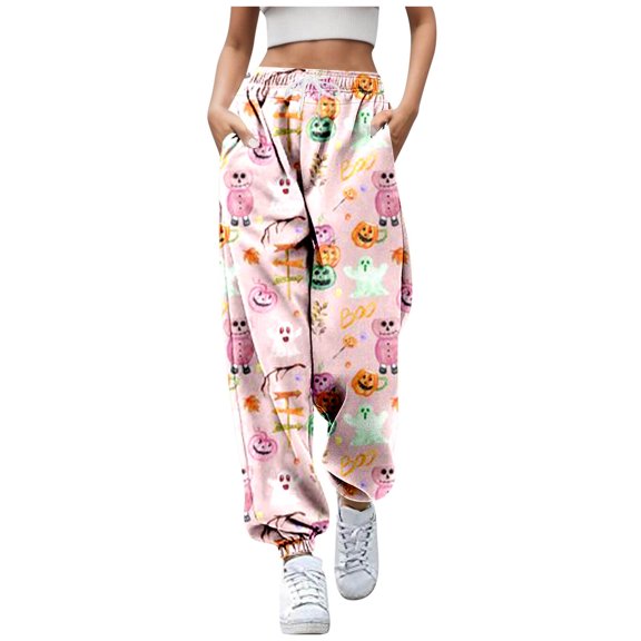 Women's Pants Festival Sweatpants Printed Drawstring With0Pockets Cartoon Pink Trousers Pants for Women M