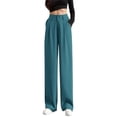 thumbnail image 1 of Women's Pants High Elastic Waisted In The Back Business Work Straight Suit Summer Full Blue Long Shorts Sizes S, 1 of 4