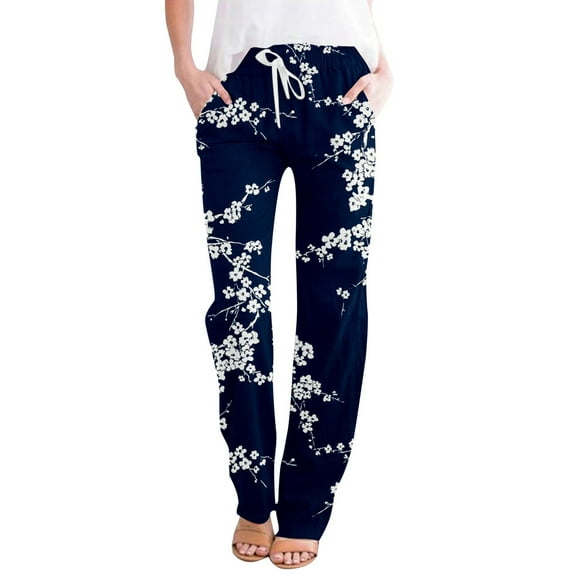 Women's Pants High Waist Linen Boho Print Tie Waist Straight Leg with Pockets Navy Womens Trousers XXXL