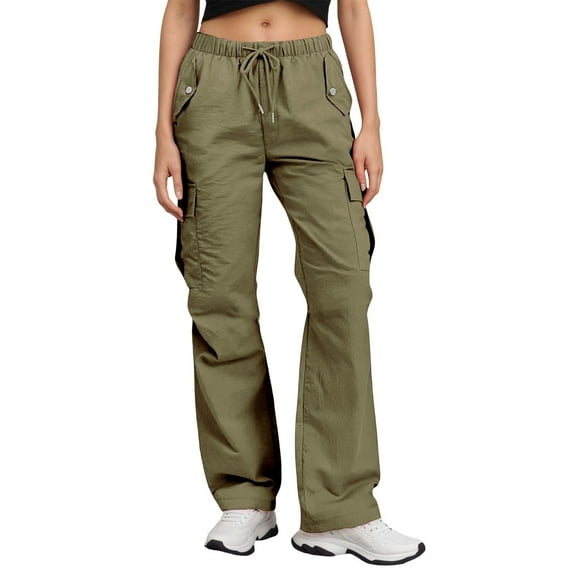 Women's Pants High Waisted Wide Leg Cargo Pants with Multi Pockets Comfortable Loose Fit Solid Color Dress Slacks for Women Army Green L