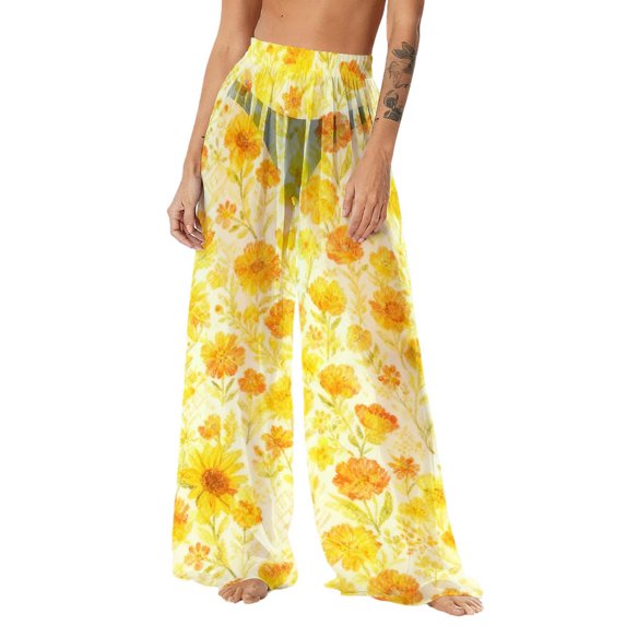 Women's Pants High Waisted,Womens Sheer Beach Pants See Through Mesh Bottoms for Bathing Suit Beach Wide Leg Swim Cover Up Pants