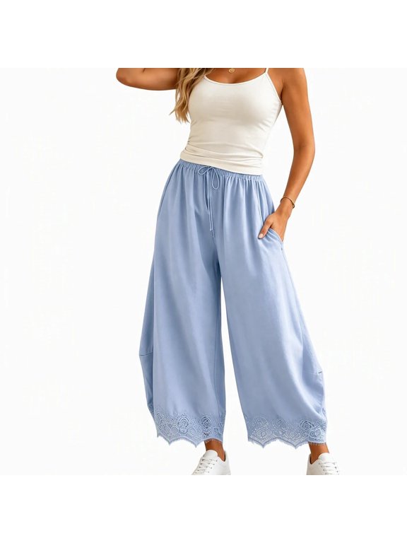 Women's Pants Lace Hem Pants Boho Drawstring High Rise Wide Leg Lounge Trousers with Pockets