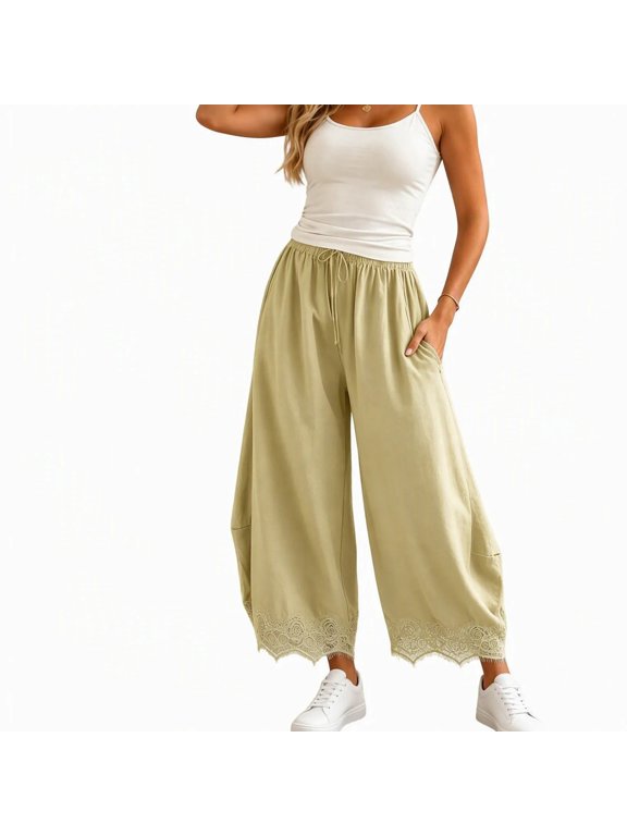 Women's Pants Lace Hem Pants Boho Drawstring High Rise Wide Leg Lounge Trousers with Pockets