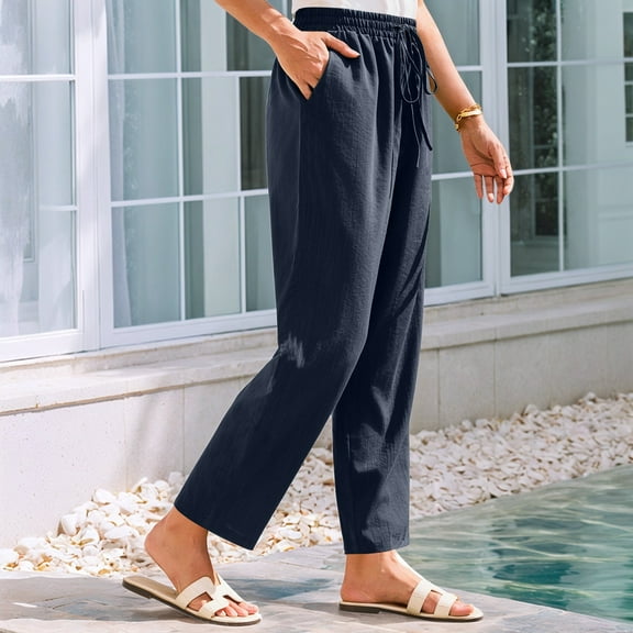 Women's Pants Linen Casual Pants Casual Solid Color High Waist Elastic Pocket Pants Women Casual Pants plus Size Track Sweatpants for Women Womens on Pants Casual Work Straight Leg Dress Pants for