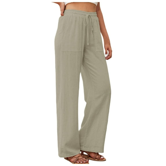 Women's Pants Linen High Waisted Straight Casual Flowy Wide Leg Drawstring with Pockets Womens Trousers
