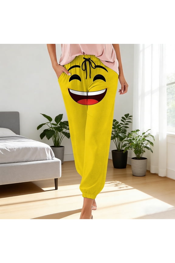 Women's Pants Loose Fit Funny Emoction Print Graphic Drawstring Lightweight Summer Beach Casual Pockets Elastic Waist Slacks for Women
