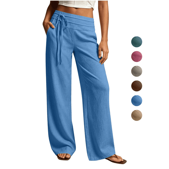 Women's Pants Low Rise Straight Leg Casual Trousers with Pockets Lightweight Breathable Summer Beach Cotton Linen Lounge Pants,Sizes S-2XL