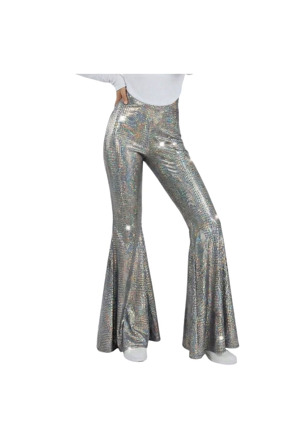 Women's Pants - Metallic Style Flare Pants Sparkly Glitter Pant High Waisted Bell Bottoms Leggings with Ruffle Hem Party Disco Clubwear Gray S