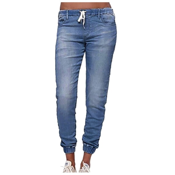 Women's Pants Mid Waisted Poket Lace Up Lantern Jeans Denim Casual Pants For Women